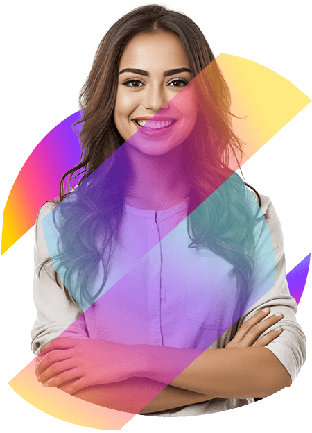 Smiling professional woman standing confidently, representing creative and professional web design services.